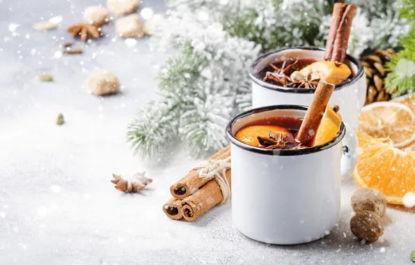 Frost, light, snow, branches, table, hot, oranges, Christmas