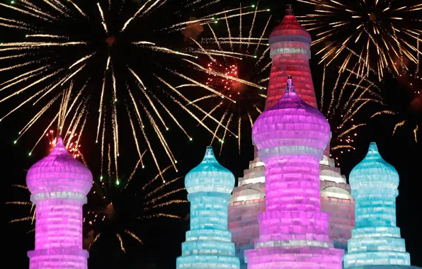 Picture China, fireworks, Harbin, International festival of snow and ice