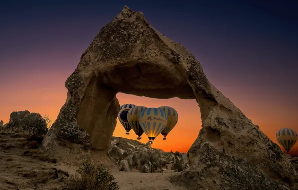 The sky, sunset, mountains, balloons, arch, ballooning, Turkey, balloons