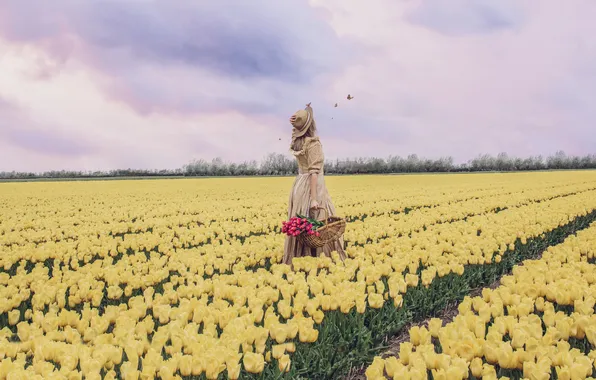 The sky, girl, clouds, flowers, nature, pose, butterfly, bouquet