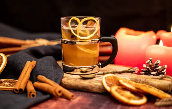 Glass, glass, table, tea, oranges, candles, Christmas, New year