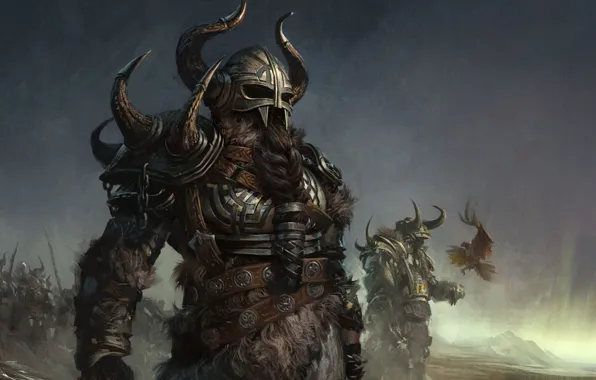 Picture warrior, horns, helmet, braid, beard