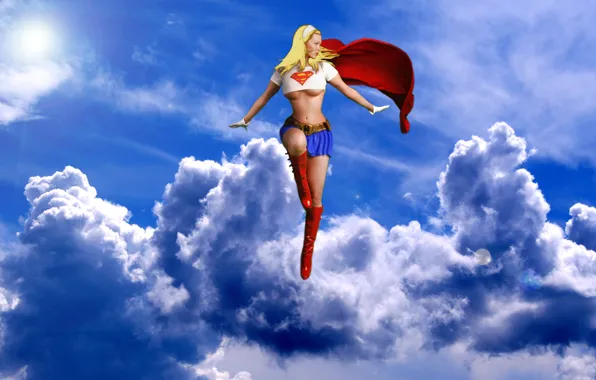 The sky, girl, clouds, flight, fiction, costume, DC Comics, Supergirl