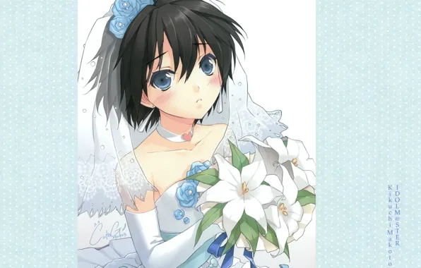Picture bouquet, blue eyes, the bride, veil, art, wedding dress, cuteg, idolmaster cinderella girls
