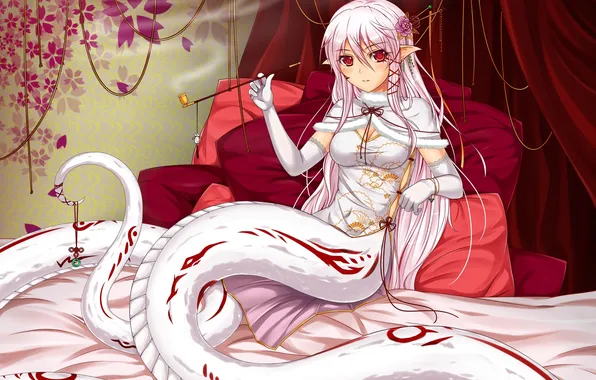 Picture girl, bed, snake, tube, art, tail, lace, smokes