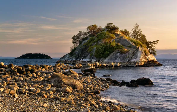 The sky, clouds, trees, rock, lake, stones, Canada, British Columbia