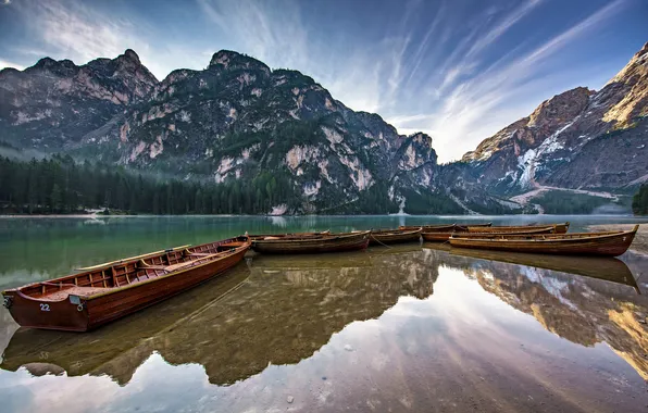 Mountains, lake, boats, Italy, The Dolomites