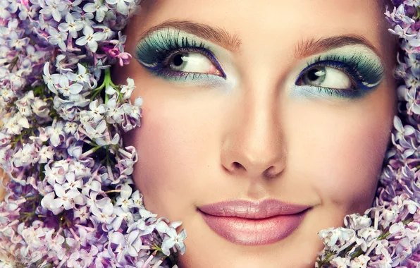 Picture look, eyelashes, model, lips, shadows, flowers