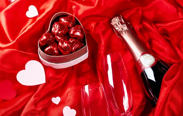 Box, bottle, glasses, candy, hearts, fabric, champagne, red