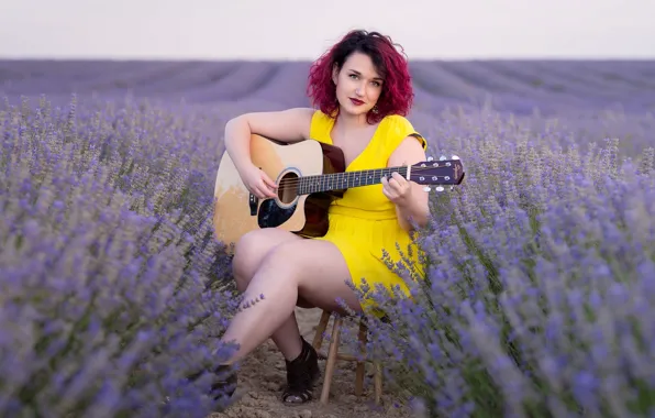 Girl, music, guitar, lavender