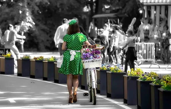 Girl, flowers, bike, polka dot, dress, price, flower fairy