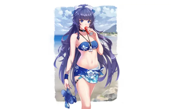 Picture girl, beach, coca-cola, sky, legs, sea, breast, anime