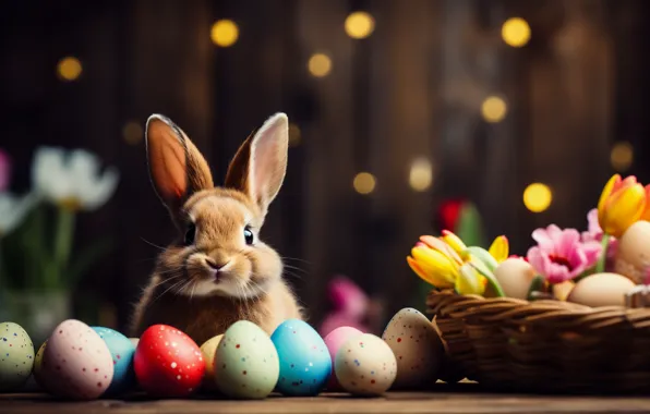 Flowers, the dark background, Board, hare, eggs, bouquet, spring, rabbit