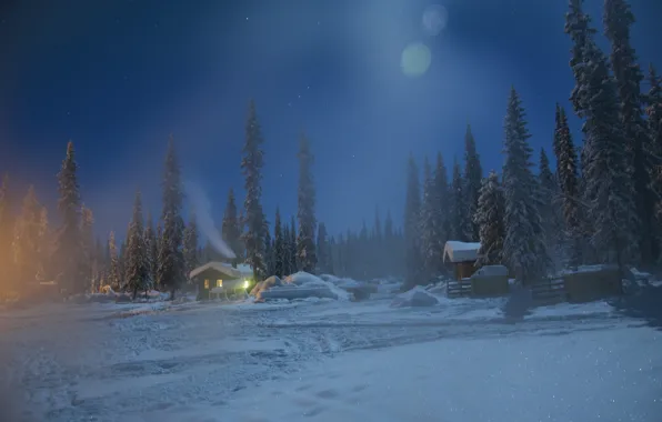 Winter, snow, trees, night, Sweden, village, Sweden, Lapland
