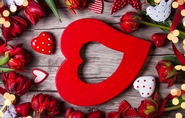 Love, flowers, gift, hearts, tulips, red, love, wood