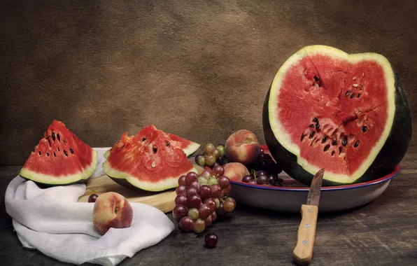 Wall, Board, watermelon, plate, grapes, knife, fabric, pieces