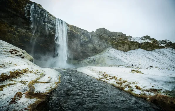 Wallpaper waterfall, river, snow, mountains