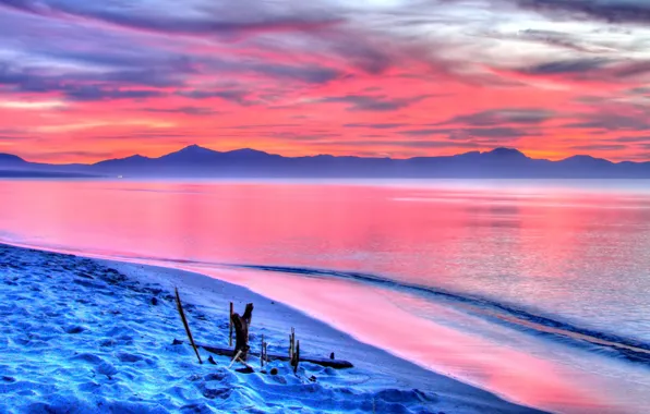 Sea, sunset, mountains, nature, shore, the evening