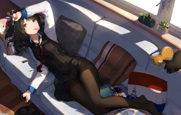 School uniform, anime, women, window, cats, digital art, couch, shirt