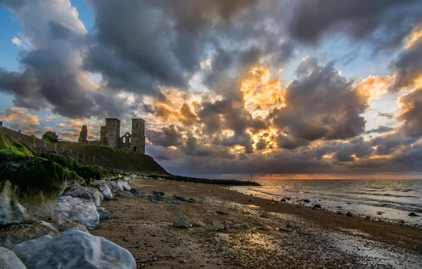 Sea, the sky, clouds, stones, England, slope, the ruins