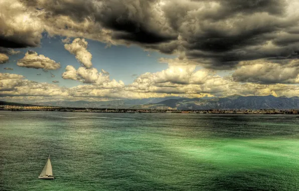 Sea, clouds, mountains, coast, home, yacht, Italy, sails