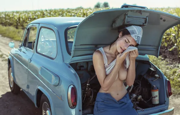 Road, field, machine, summer, girl, heat, Zaporozhets, tired