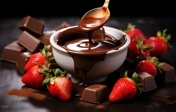 Berries, the dark background, table, Board, chocolate, strawberry, spoon, bowl