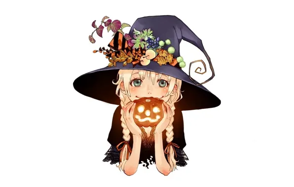 Smile, hat, girl, white background, pumpkin, braids, Happy Halloween, hands.lamp