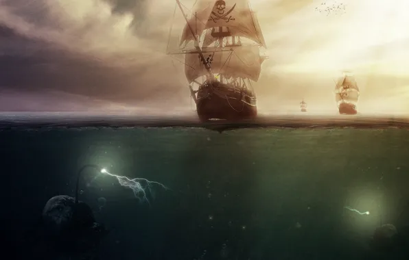 Sea, ship, monsters, pirates