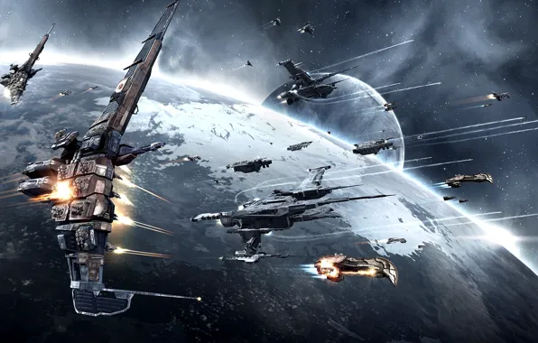 Nebula, planet, station, Space, space, ruins, battle, spaceship