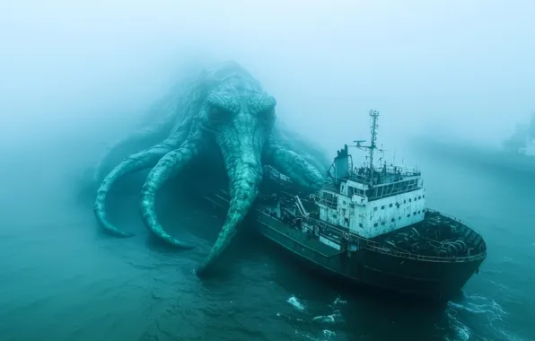 Sea, Fog, Ships, Digital art, Sea monster, AI art, The Art of Artificial Intelligence, Neural …