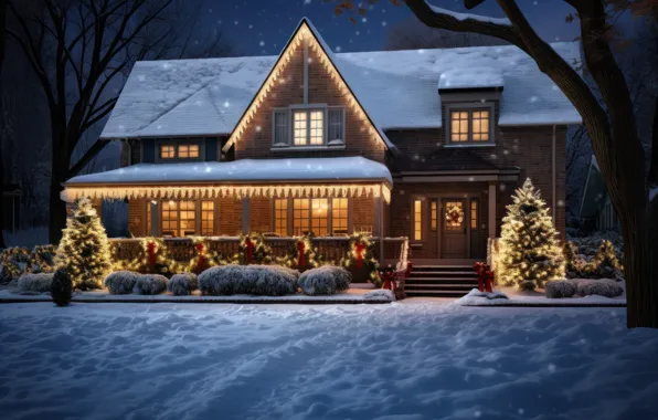 Winter, snow, night, house, Christmas, New year, cottage, Christmas decorations