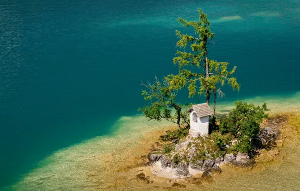 Water, nature, lake, tree, house, island