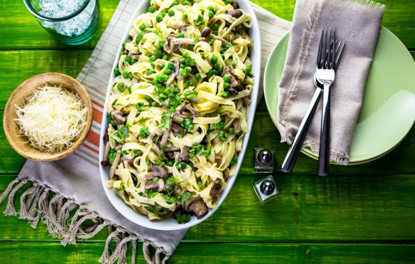 Picture mushrooms, cheese, peas, spices, mushrooms, cheese, pasta, pasta