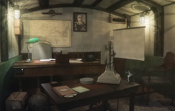 Picture table, lamp, map, portrait, Underground cabinet, cabinet in bunker
