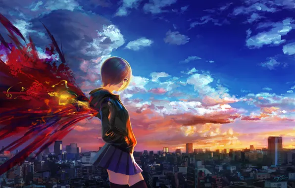 Picture the sky, girl, clouds, sunset, the city, home, wings, anime