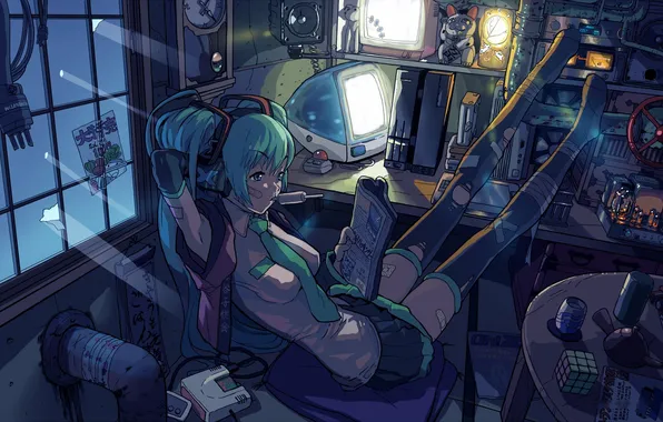 Picture computer, girl, light, night, stockings, anime, window, art