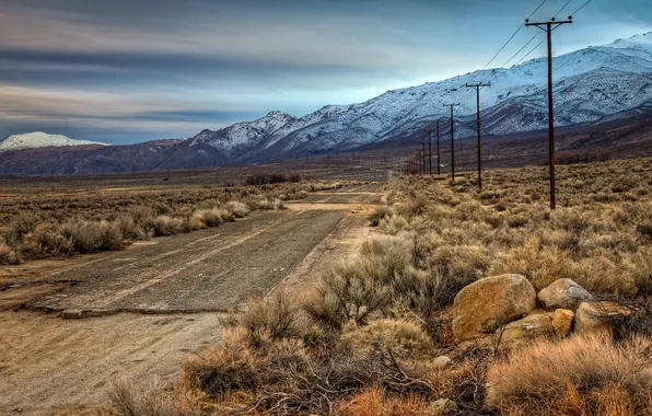 Road, field, landscape, mountains