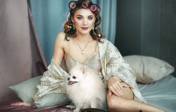 Look, girl, pose, model, bed, dog, makeup, lips