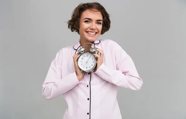 Girl, smile, background, mood, watch, portrait, hands, alarm clock