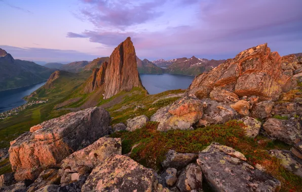 Sea, landscape, mountains, nature, stones, rocks, island, morning