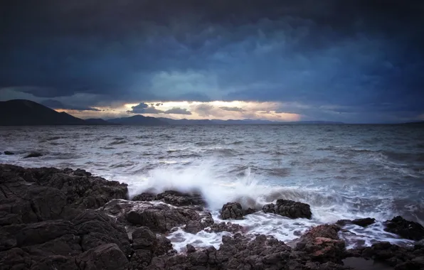 Sea, wave, mountains, squirt, clouds, stones