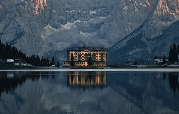 Water, snow, trees, mountains, lake, house, surface, reflection