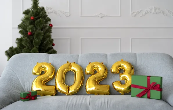 Balls, room, sofa, wall, holiday, interior, figures, gifts