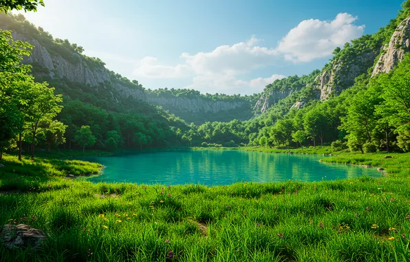 The sky, grass, clouds, trees, mountains, nature, lake, Wallpaper