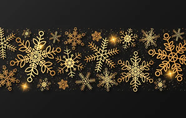 Winter, snowflakes, gold, New Year, Christmas, golden, black background, gold