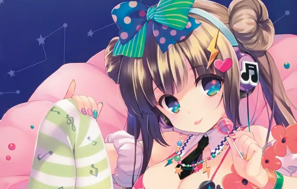 Language, notes, skull, headphones, tie, girl, constellation, bow