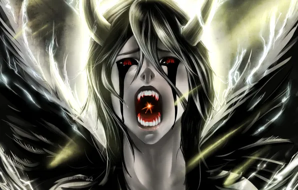 Picture mouth, art, fangs, horns, guy, red eyes, bleach, ulquiorra schiffer