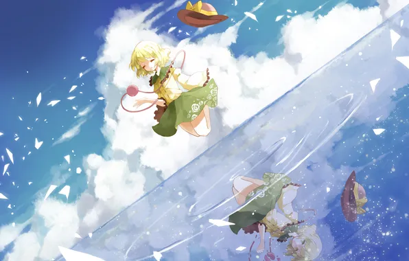 Picture the sky, water, girl, clouds, reflection, hat, art, touhou