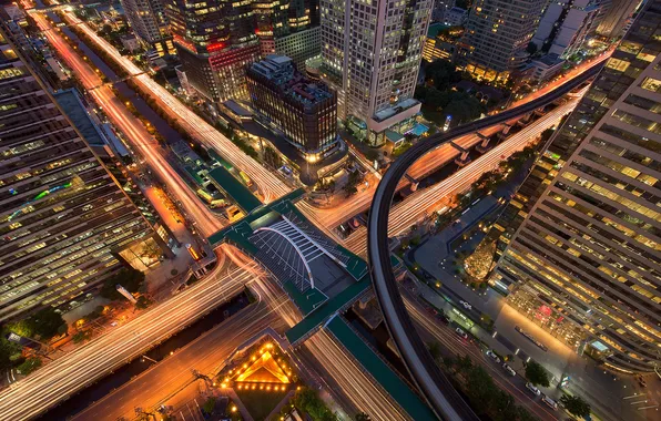 City, lights, road, night, intersection